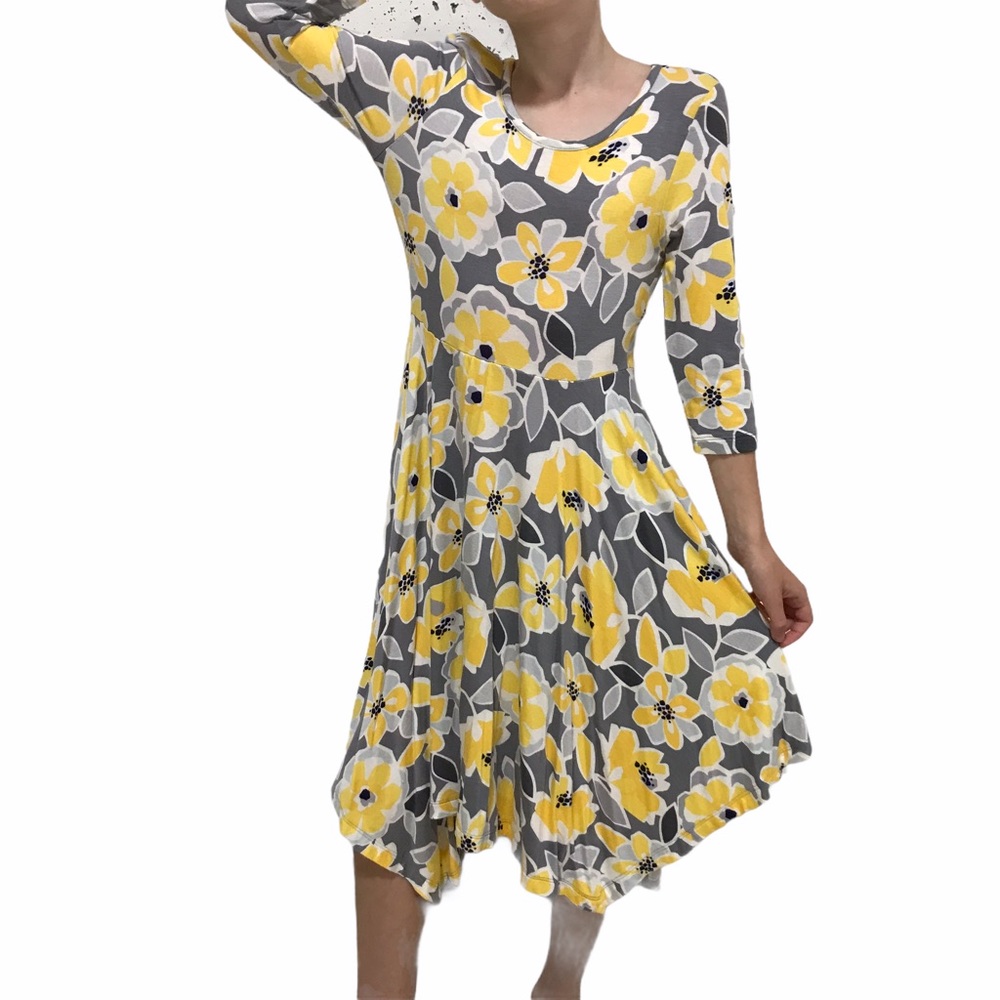 GYMBOREE Maxi Dress Size 6 A-Symmetrical Yellow Gray Floral 3/4 Sleeve